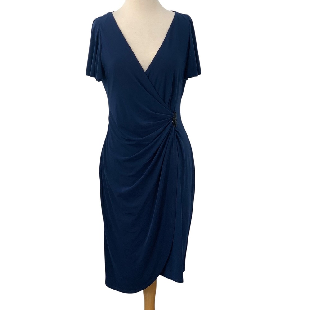 Ralph Lauren Faux Wrap Beaded Waist Flutter Sleeves Jersey Dress Navy Size 10